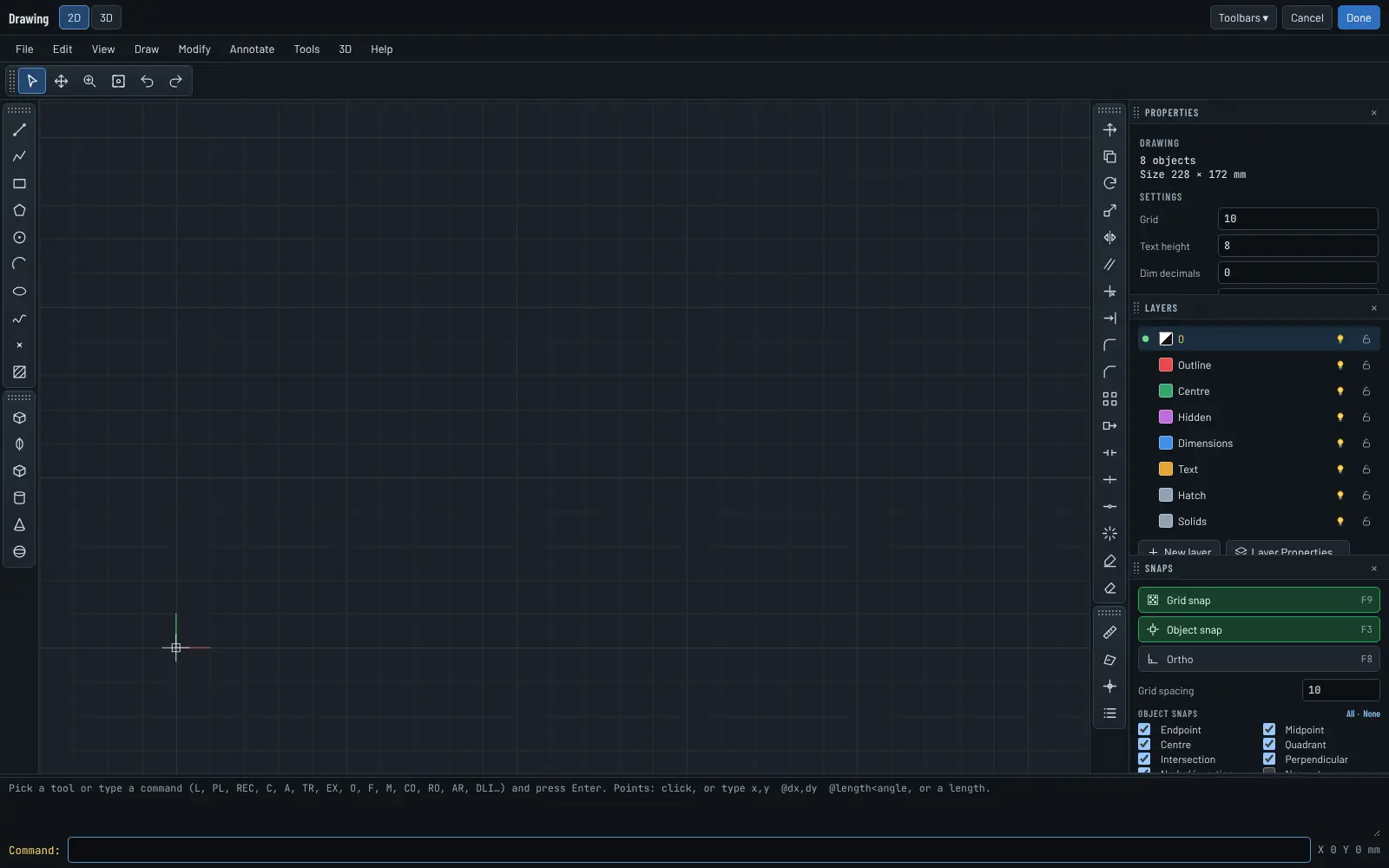 Animation: the drawing editor building a dimensioned plate with a hole, with dockable toolbars and properties on the right.